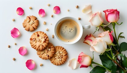 Wall Mural - Romantic floral arrangement featuring roses and rose petals alongside macarons and coffee on a white background for Womens Day celebration