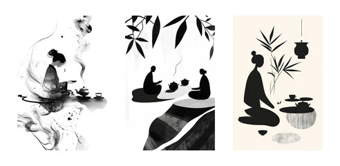 Serene tea ceremony illustrations in monochrome art style