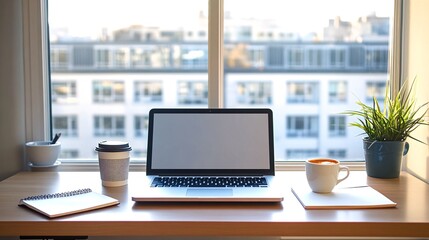 Wall Mural - A laptop computer with a blank screen sits on a desk in front of a window with a view of a city.  There is a cup of coffee, a notebook, and a potted plant on the desk.