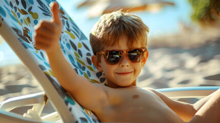 Wall Mural - Boy on a sunny beach lying on a sun lounger in sunglasses and showing thumbs up