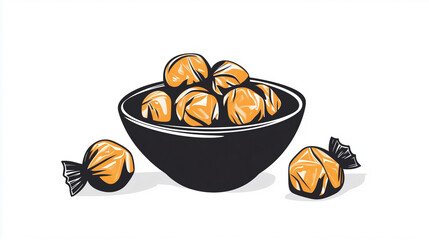 Poster - Small bowl of butterscotch candies, with a few unwrapped beside it, sweet illustration