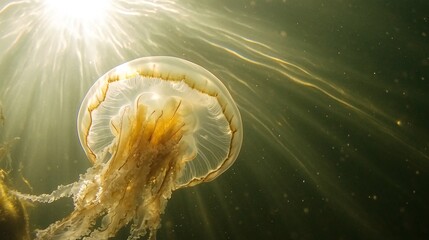 Canvas Print - A jellyfish floats in the sunlit water, its translucent bell illuminated by rays of light.