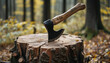 © ArtyKris99 - a wooden, iron axe stuck in a stump against the background of a forest. The woodcutter's axe