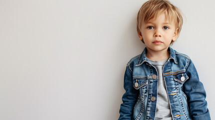 Poster - Portrait of a cute little kid boy in stylish jeans clothes looking at the camera against a white studio wall - kids fashion concept