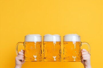 Wall Mural - Human hands holding cold fresh golden beer in glasses with bubbles and foam on yellow background. Oktoberfest festival, St Patrick Day. Alcohol drink, beverage. Template with copy space for beer party