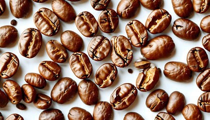 Wall Mural - Roasted Coffee Beans Flat Lay on White Background with Space for Text