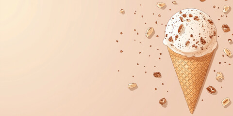 Canvas Print - Ice cream in a waffle cone with a sprinkle of nuts, sweet illustration art