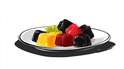 Wall Mural - Gummies spread out on a small plate, with different shapes visible, sweet illustration