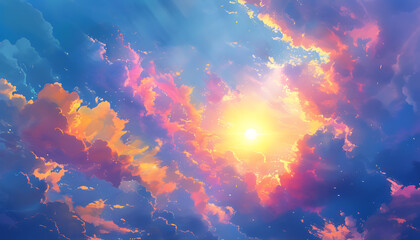 Magical sky background with colorful clouds and shining sun