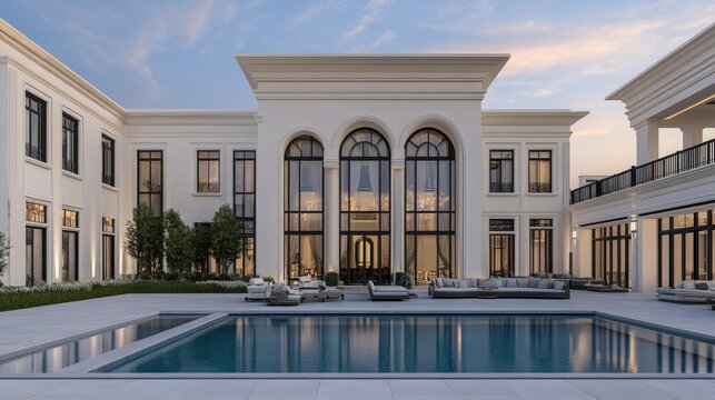 A stunning modern neoclassical villa features large windows, arched doors, and a pool surrounded by outdoor seating, set amidst lush greenery in Dubai's upscale area