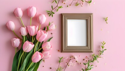 Wall Mural - Charming Spring Bouquet of Pink Tulips in a Pastel Frame for Celebrating Womens Day and Mothers Day