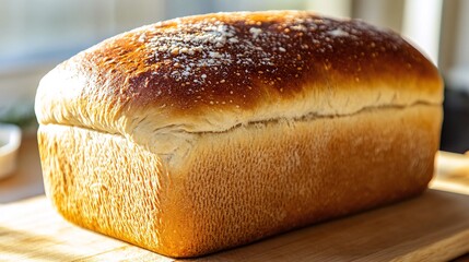 Wall Mural - A freshly baked loaf of white bread sits on a wooden cutting board.