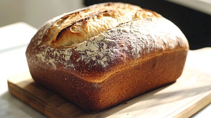 A freshly baked loaf of sourdough bread sits on a wooden cutting board, bathed in warm sunlight.