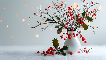 Wall Mural - Elegant winter arrangement of white branches, red berries, and leaves with sparkles in a vase against a pristine white background