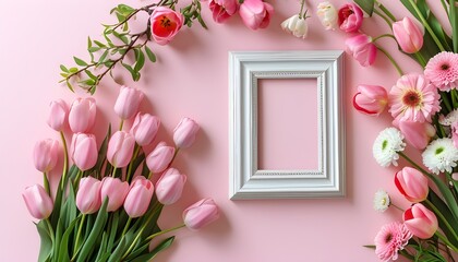 Wall Mural - Charming Spring Bouquet of Pink Tulips in a Pastel Frame for Celebrating Womens Day and Mothers Day