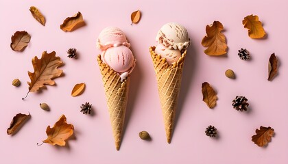 Wall Mural - Autumn-inspired waffle cone adorned with dried leaves against a soft pink backdrop, showcasing a creative fall composition in a flat lay arrangement