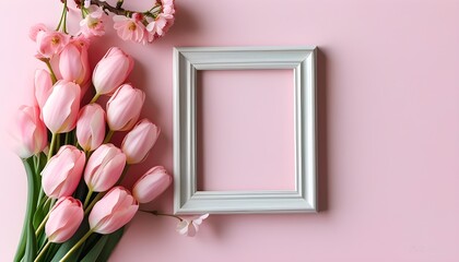 Wall Mural - Charming Spring Bouquet of Pink Tulips in a Pastel Frame for Celebrating Womens Day and Mothers Day