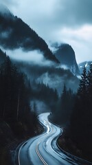 Canvas Print - Mountain road illuminated at night travel photo scene image