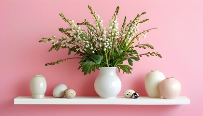 Wall Mural - Charming willow fur seals in a vase against a pink wall, adorned with light decor for Easter and Mothers Day celebrations on a stylish white shelf.