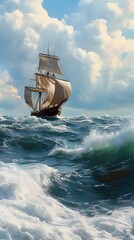 Wall Mural - Sailing ship gliding on the ocean's waves picture
