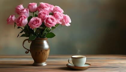 Wall Mural - Charming home interior featuring a bouquet of pink roses in a vase alongside a cup of coffee on a table, with a vintage tinted ambiance and space for personal touches.