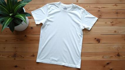 Wall Mural - White T-Shirt Mockup on Wooden Surface