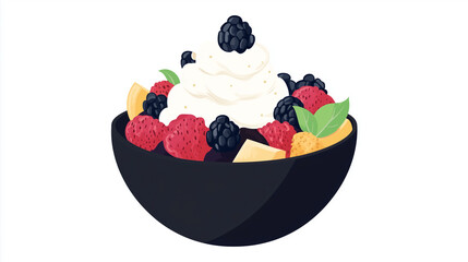 Poster - Dessert bowl with layers of mixed fruit and creamy topping, sweet illustration