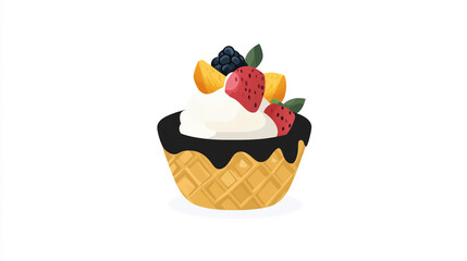 Poster - Ice cream in a waffle cup topped with a fruit garnish, sweet illustration