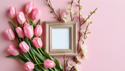 Wall Mural - Charming Spring Bouquet of Pink Tulips in a Pastel Frame for Celebrating Womens Day and Mothers Day