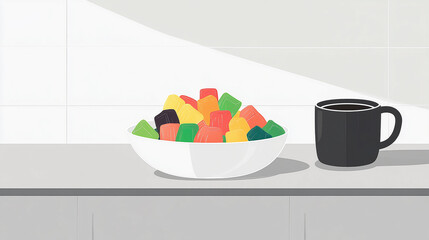 Wall Mural - Bowl of vegan gummies on kitchen counter next to small cup of black coffee, sweet illustration art