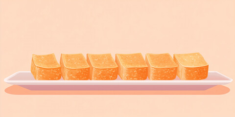 Wall Mural - Kunafa slices displayed in a uniform line on a rectangular serving plate, sweet illustration