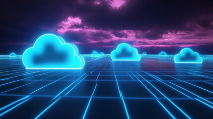 a glowing blue cloudscape set on a neon grid with a dramatic purple and pink sky in the background, 