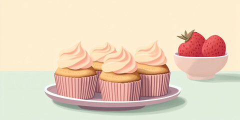 Wall Mural - Multiple low-sugar cupcakes on a circular dish with a small bowl of fruit in the background, sweet illustration art