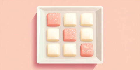 Wall Mural - Multiple mochi portions arranged neatly on a square serving dish, sweet illustration art