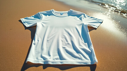 Wall Mural - White T-Shirt Mockup on Beach-Themed Background