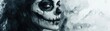 © BonzEarthsnapper - A hauntingly beautiful portrait of a woman with skull make-up, her face painted with precise black and white strokes to resemble a skeleton, her dark hair flowing against a shadowy background,