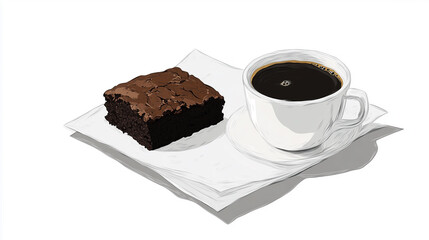 Wall Mural - Single keto brownie on a napkin next to a small cup of black coffee, sweet illustration