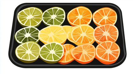 Wall Mural - Single layer of fruit chips on a flat rectangular serving dish, sweet illustration art