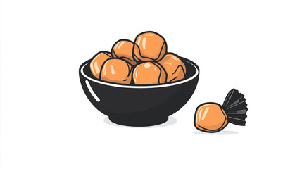 Poster - Small bowl of butterscotch candies, with a few unwrapped beside it, sweet illustration art