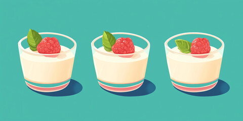 Wall Mural - Three panna cotta cups aligned in a straight line, centered, sweet illustration art