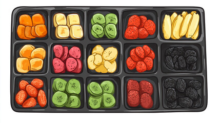 Wall Mural - Tray with dried fruits organized by type in separate sections, sweet illustration art