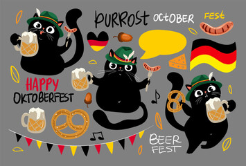 Set of funny black cats and hand drawn lettering for Oktoberfest Beer Festival, Set of Oktoberfest vector design elements. Perfect for stickers, bagdes and other. Vector EPS 10