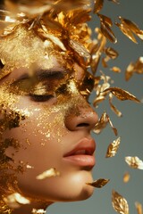 Man posing with golden autumn leaves on a blurred background. High fashion and nature concept.