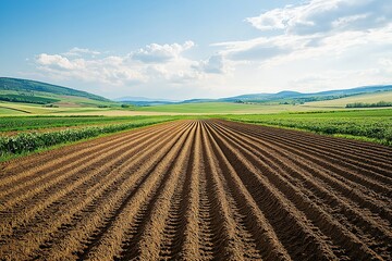 Expansive view of freshly plowed farmland under a bright blue sky in a rural landscape during the day