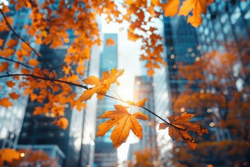 A modern cityscape with an autumn background featuring vibrant fall colors. The contrast between urban architecture and seasonal foliage creates a dynamic, contemporary autumn scene