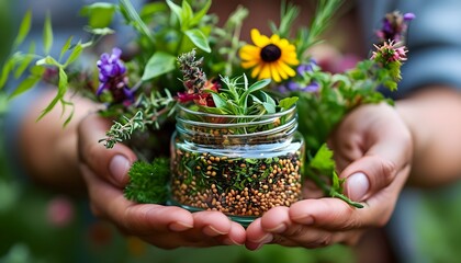 Vibrant display of hands holding glass jars filled with colorful herbs and seeds, highlighting natural and organic ingredients