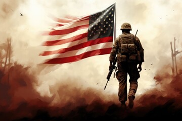 Wall Mural - Soldier walking toward flying American flag. Independence Day, Veterans Day,  Memorial Day concept. 4th of July. United States of America, US