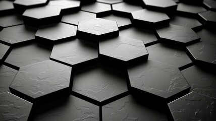 Poster - Close-up view of a series of textured black hexagonal tiles positioned closely together, creating a modern and sleek geometric design. The surface displays subtle shadows and highlights.