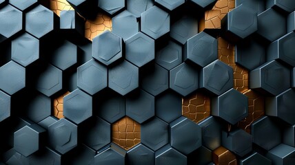 Poster - A striking arrangement of hexagonal shapes in various shades of blue against a shimmering gold background creates a modern, artistic wall design that adds depth and intrigue to any space.