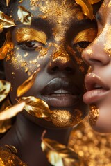 Two models with golden makeup and autumn leaves, evoking elegance and seasonal beauty.